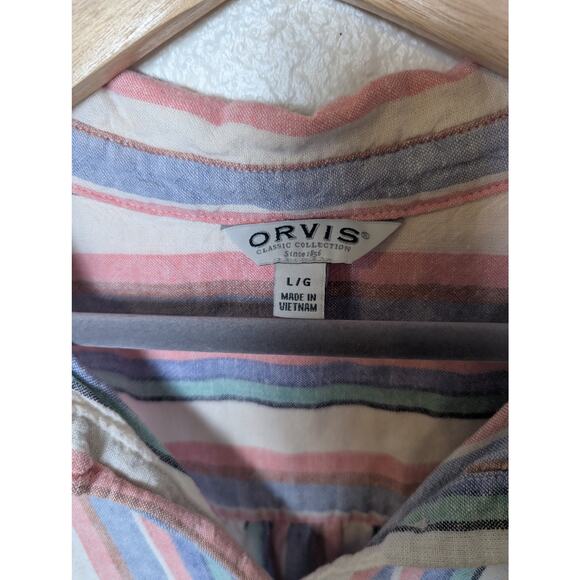 Orvis Linen Blend Button Down Camp Shirt Stripes Women Size L Beachy Outdoors - Picture 4 of 9